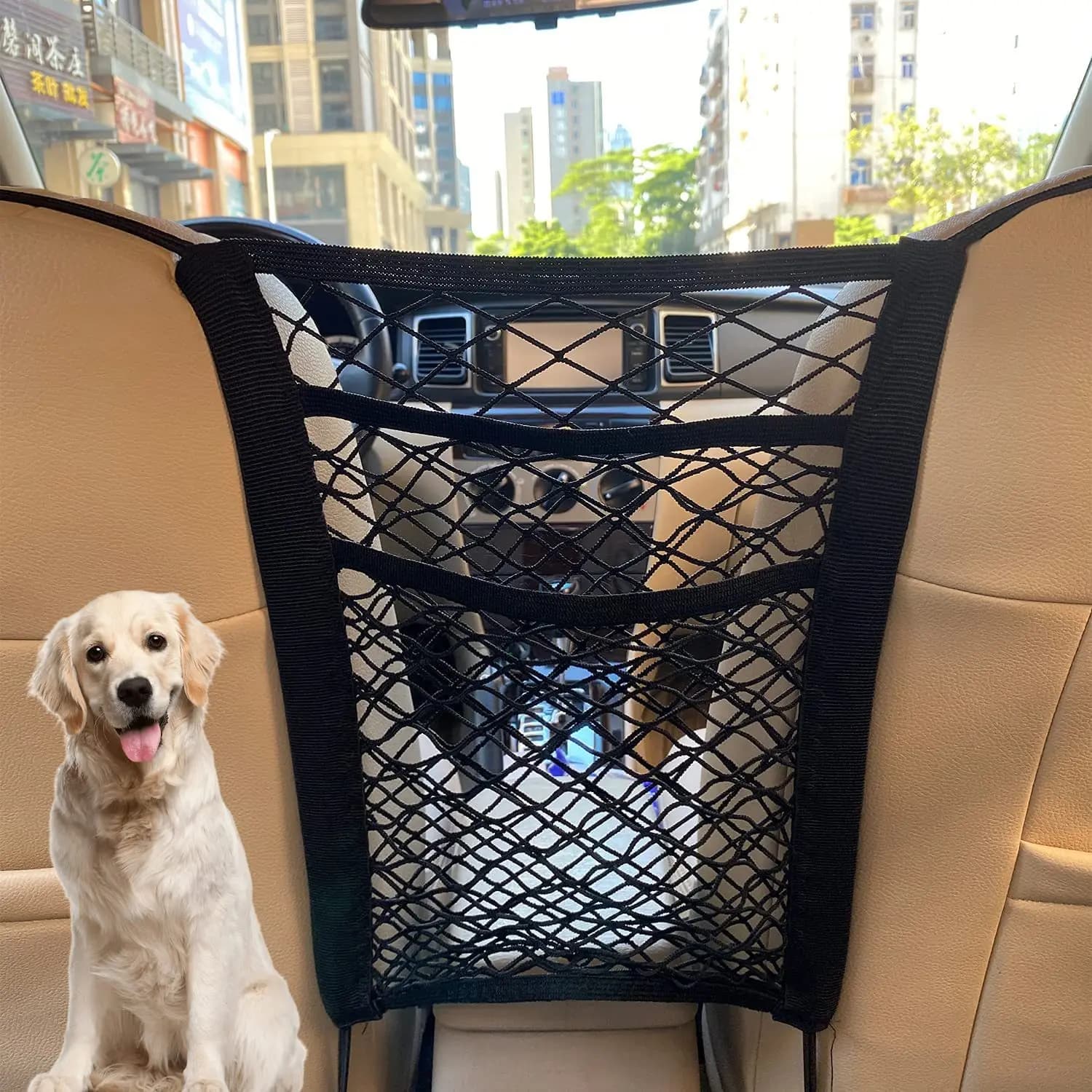 Pet Car Barrier Dog Car Barrier with Automatic Safety Mesh Storage Bag Pet Barrier Guard Back Seat Safety Protector Mesh Net