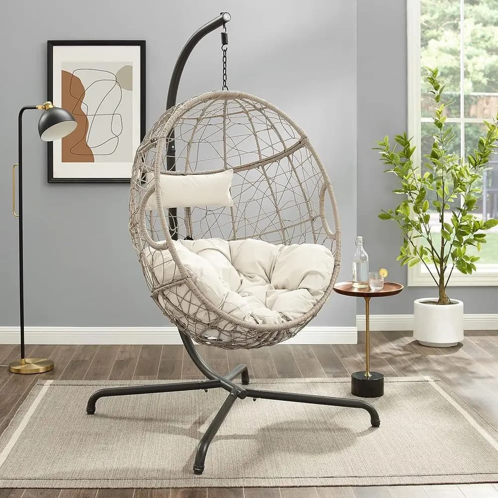 Interior and exterior wicker rocking chair with support, egg-shaped rattan hammock with leather cushion, beige