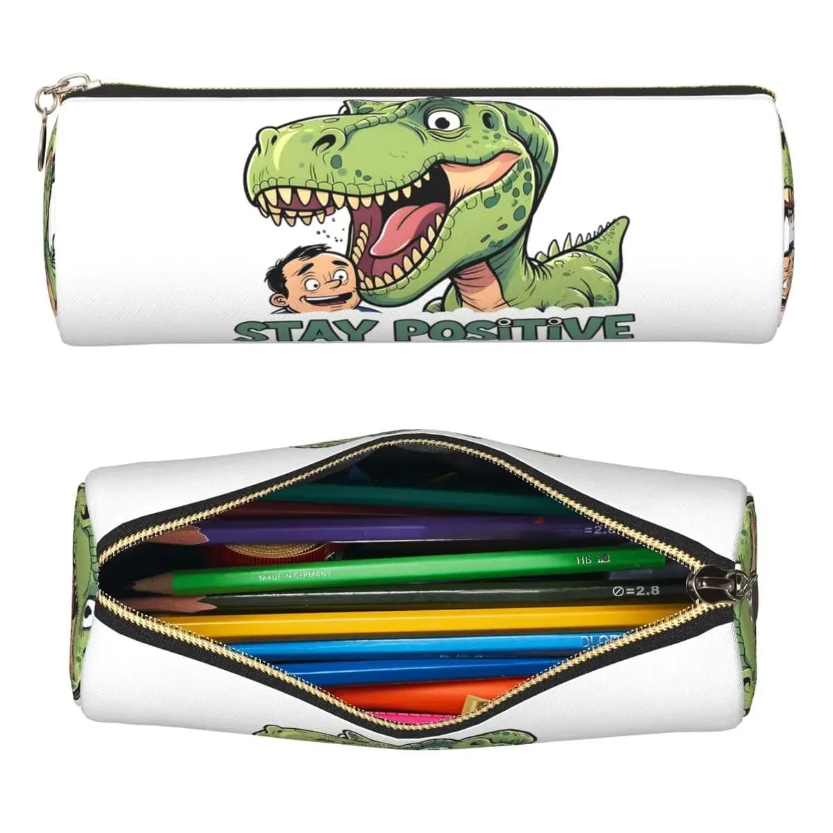 Stay Positive Funny T-Rex Dinosaur Sticker Pencil Case Pen Holder Cylinder Pen Box Pencil Bag for Kids Stationery Supplies