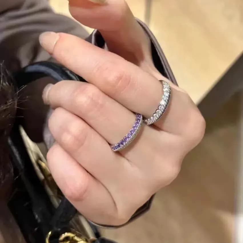 argento 925 con diamanti intarsiati bicolore eleganti anelli con diamanti viola e bianchi per le donne Gioielli con anelli lucidi di lusso leggeri e colorati