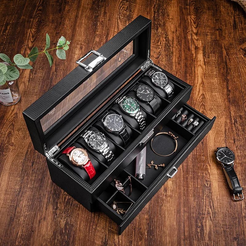 Jewelry Box Watch Box 6 Slot Watch Display Organizer Leather Jewelry Case Drawer Glass Birthday for Men Women Child Husband Dad