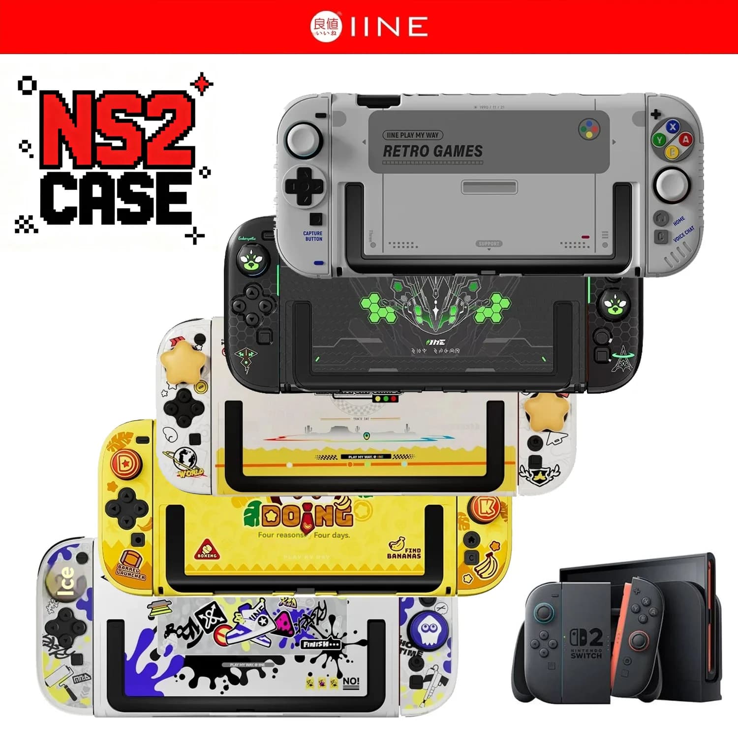 IINE Retro Case Switch 2 Protective Case Full Wrap Host Shell Handle Grip Silicone Cover Thumb Grip Caps For Ns 2 Gaming Console