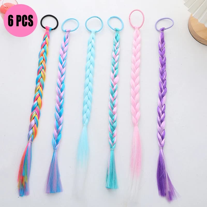 Kids Hair Braid Extensions Colorful Braided Hairpiece with Elastic Hair Ties for Girls Princess Party Cosplay Dress Up