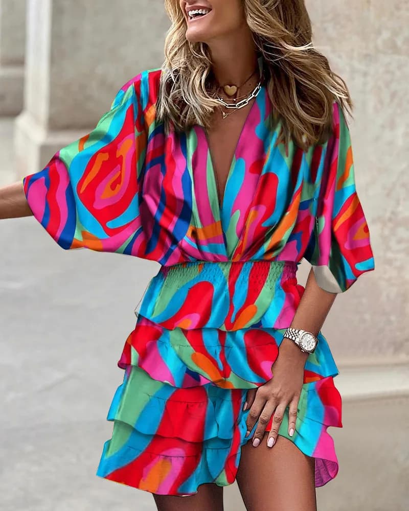 Women's Sport Dress V-Neck Loose Batwing Sleeve Elastic Waist Printed Dress Mini Casual Ruffle Hem Dresses