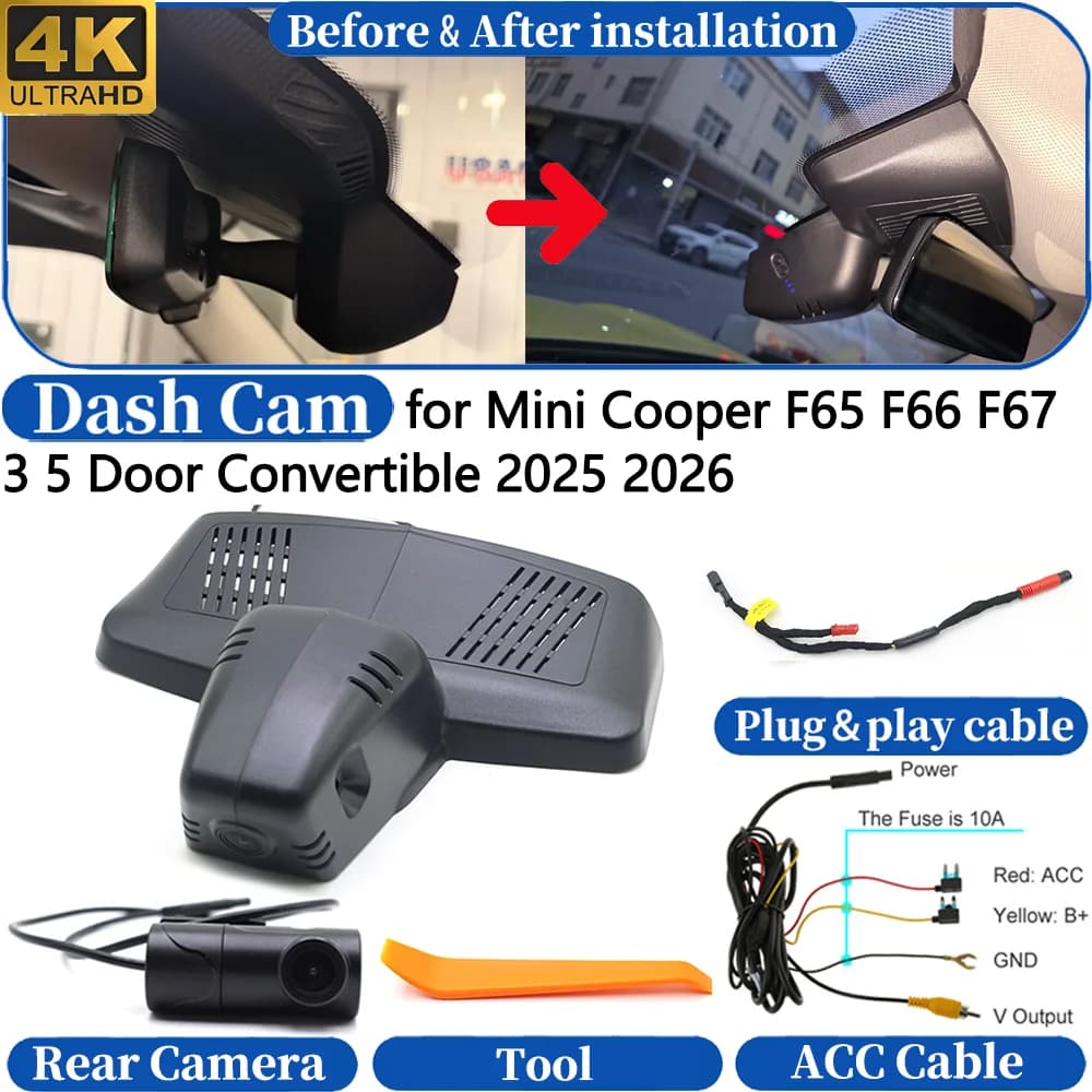 Dash Cam for Mini Cooper F65 F66 F67 3 5 Door Convertible 2025 2026 Front＆Rear 4K UHD DVR Dashboard Camera Video Drive Recorder