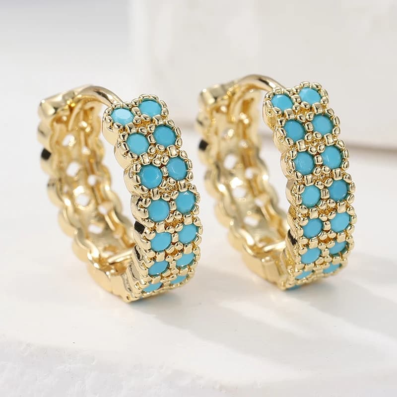 Classic Fashion Gold Color Hoop Women's Earrings Exquisite Metal Hand Carved Inlaid Imitation Turquoise Jewelry