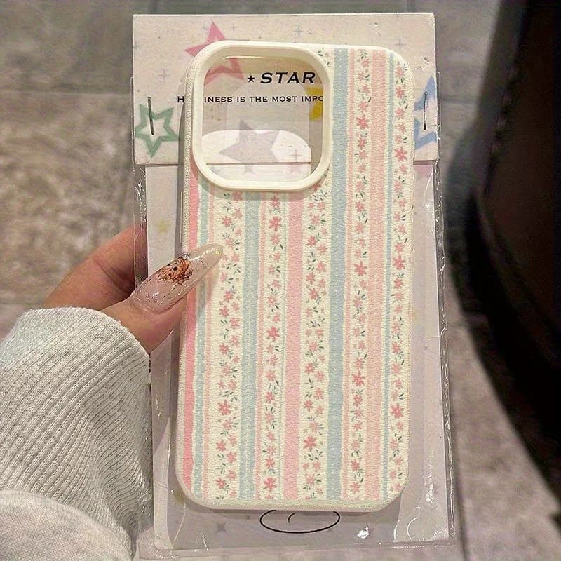 Custodia per telefono con motivo floreale fresco a strisce rosa e blu per iPhone 16 15 14 13 12Pro Max