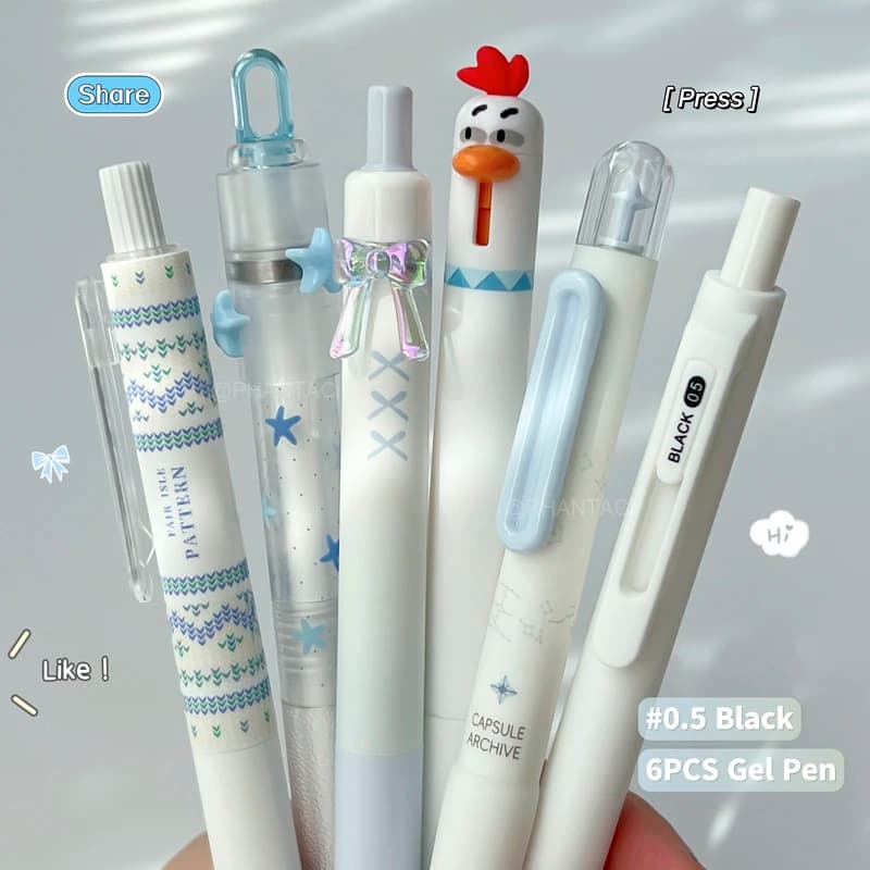 Set da 6 penne gel blu e bianche per studenti, 0,5 mm, a rapida asciugatura, nere, per scrittura creativa, forniture per ufficio, nuove.