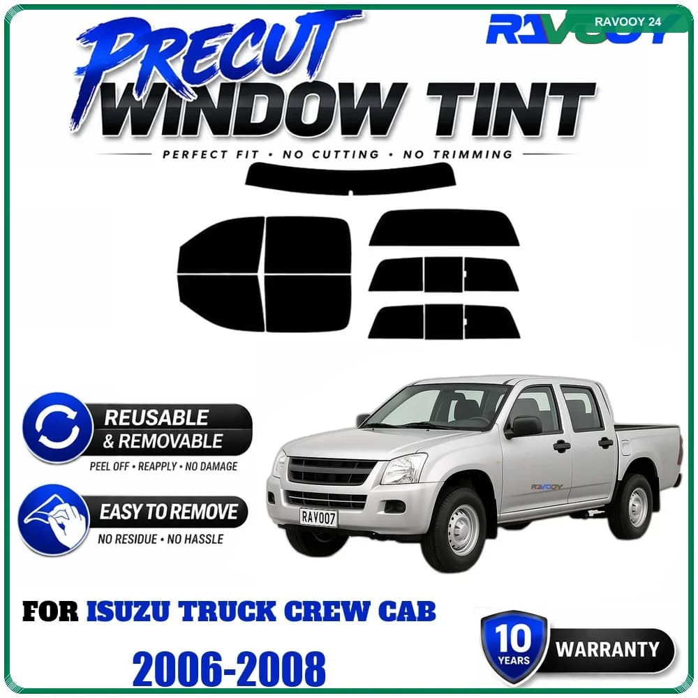 RAVOOY Precut Window Tint, Reusable Removable EPU Film, Custom Fit for Isuzu Truck Crew Cab 2006-2008, UV Heat Protection