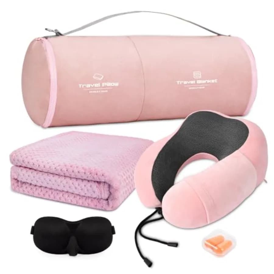 Set Cuscino e Coperta da Viaggio, Cuscini per il Collo, Coperte Morbide con Mascherina per Dormire, Accessori Essenziali per Viaggi in Aereo e Auto, in Memory Foam, Rosa