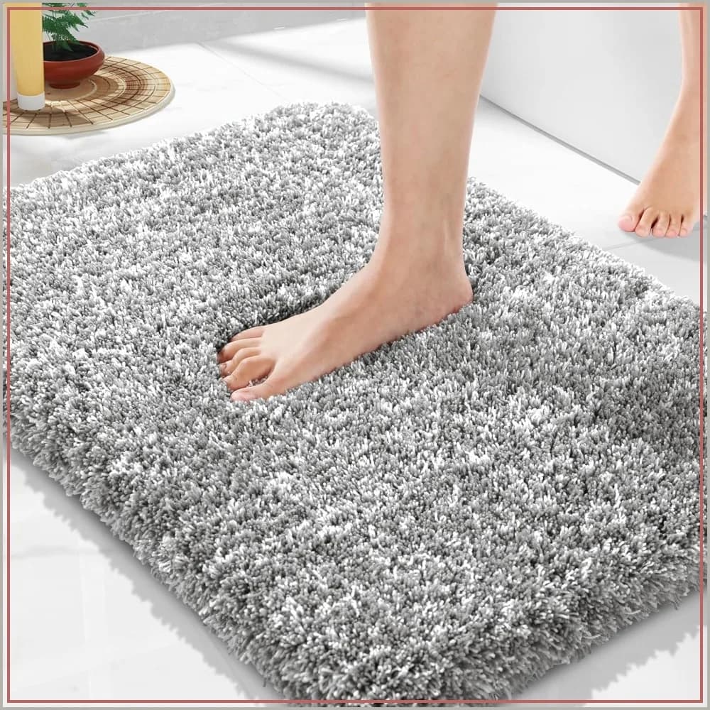 Ultra Soft Bathroom Rugs Non Slip Washable, Water Absorbent Bath Mat, Fluffy Shower Mat Outside, Plush Matts for Floor/Sink, 24x17, Light Gray and White