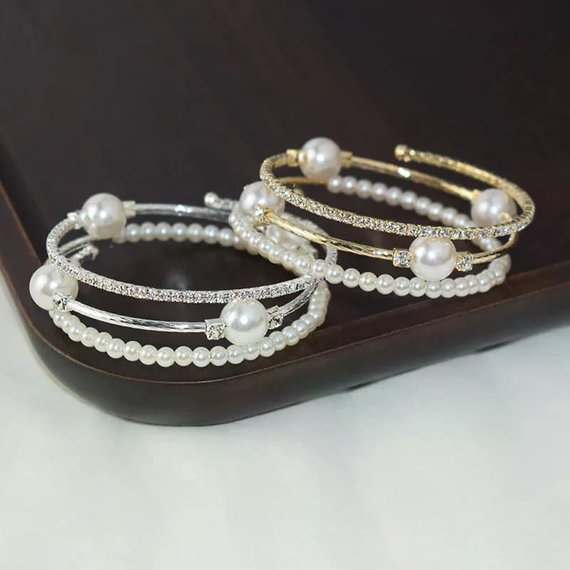 Crystal Pearl Bracelet Ladies Rhinestone Multi-layer Adjustable Bangles Cuffs Gold Silver Plated Charm Bracelets Jewelry Gift