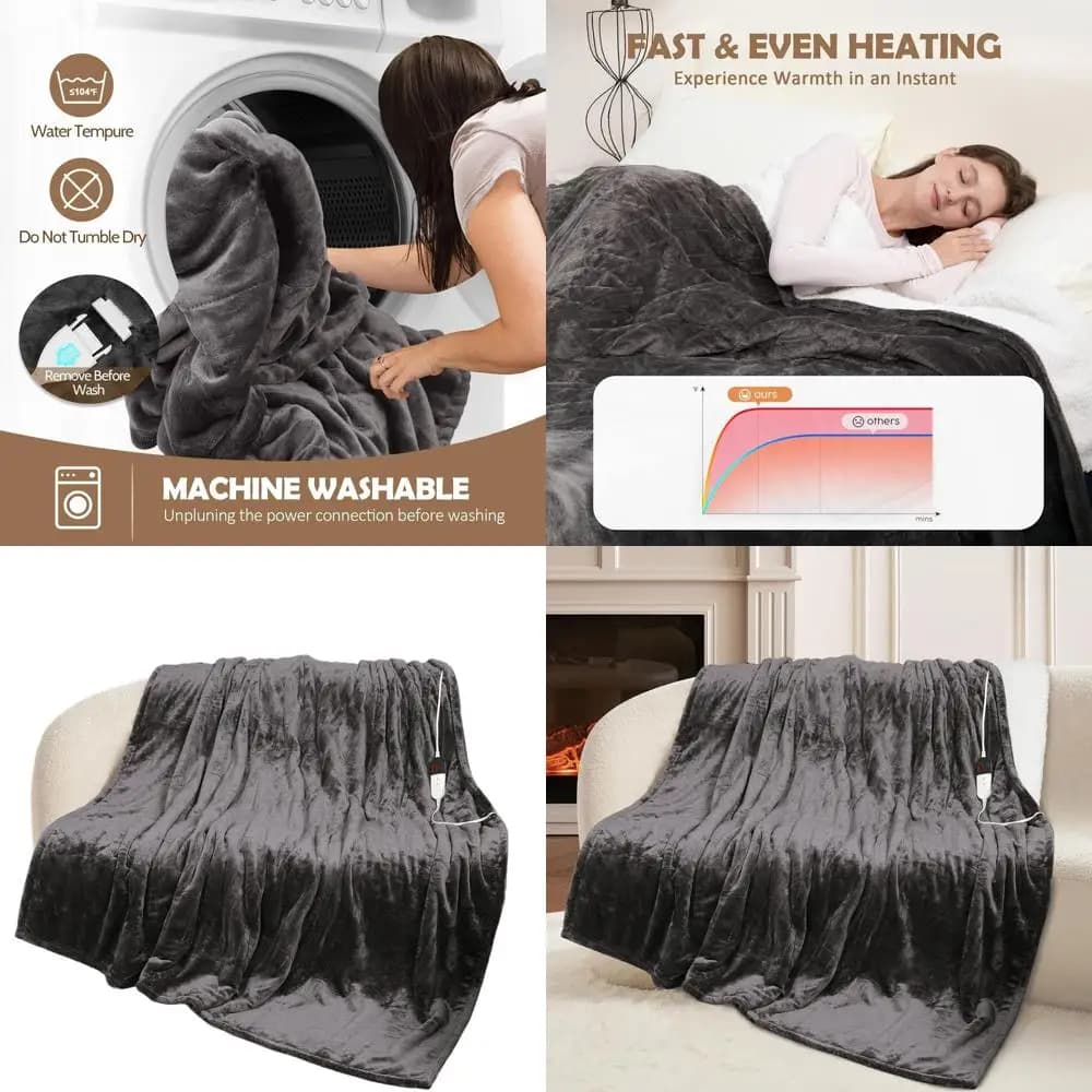 Coperta elettrica a grandezza naturale 72x84, 10 timer e 6 livelli di calore, protezione da surriscaldamento, flanella Sherpa, certificata ETL, grigia