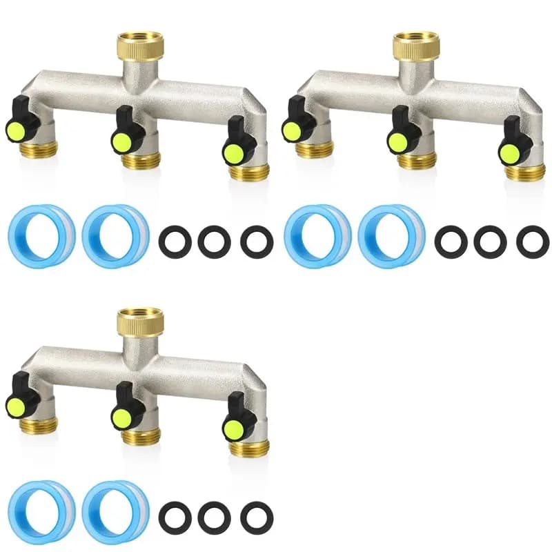 ABKY-3X Brass Garden Hose Splitter - Water Hose Splitter 3 Way Heavy Duty, Faucet Splitter With Shut Off Valves, 3/4Inch