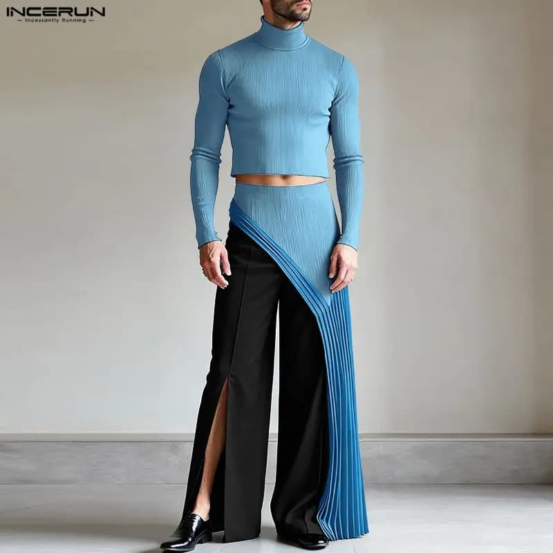 INCERUN 2026 Men's suits: Top Corto a Collo Alto con Maniche Lunghe e Gonna Irregular, Set 2 Pieces Fashion Streetwear