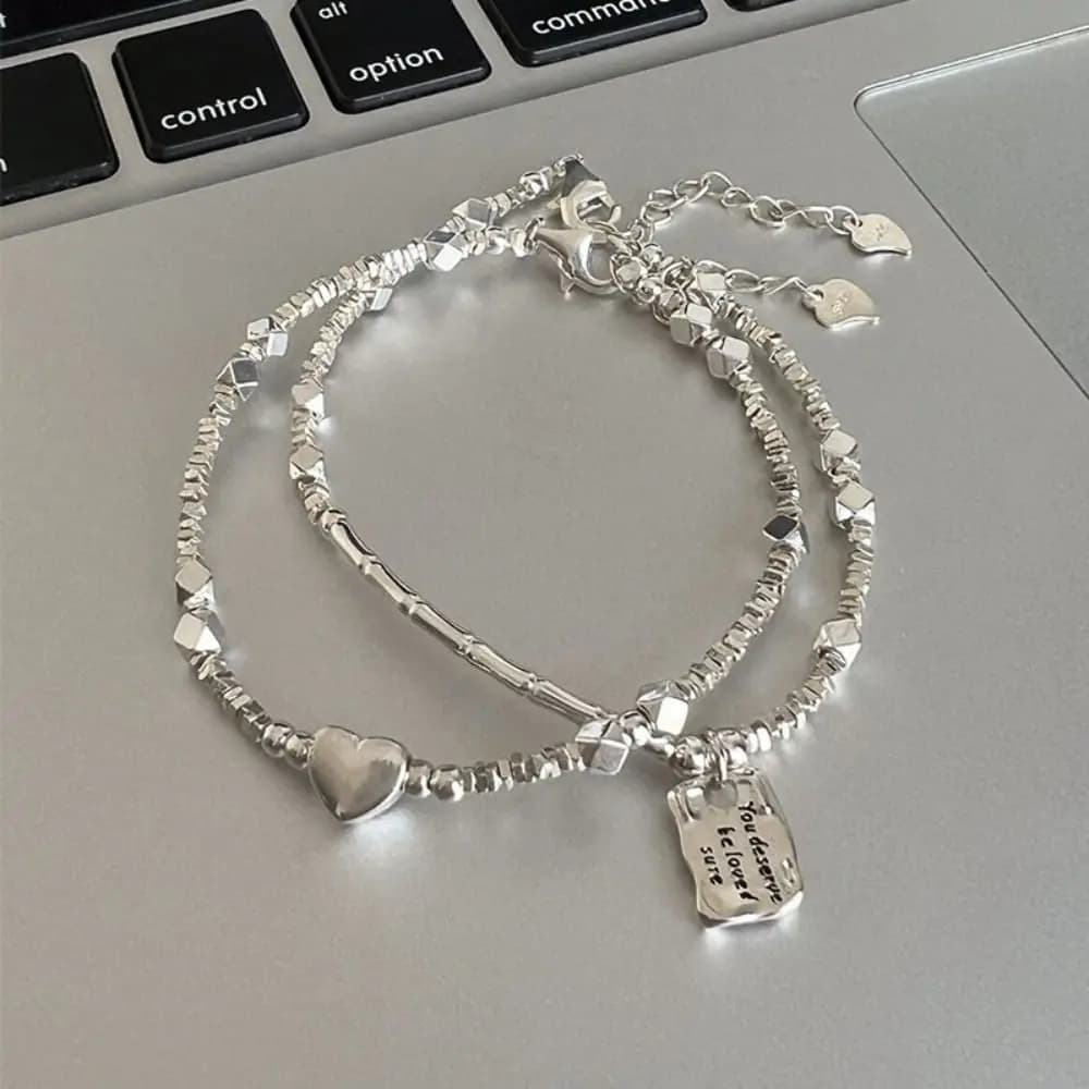 Bracciale Geometrico a Cuore, Braccialetto Regolabile con Catena Quadrata, Fatto a Mano in Rame Color Argento, per Donne e Ragazze