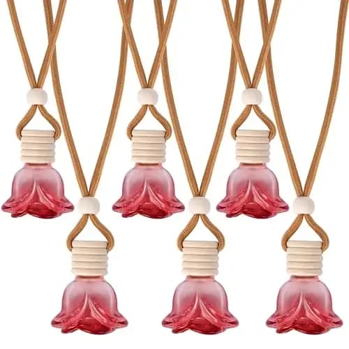 6 Red Flower-Shaped Refillable Car Air Fresheners With Hanging Cord For Vehicle And Room Decor