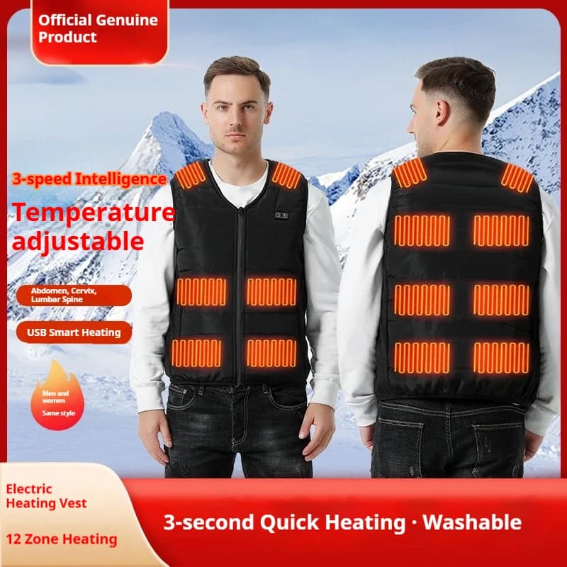 Nuovo gilet riscaldante intelligente a 12 zone con doppio controllo Gilet da motociclista con controllo intelligente della temperatura a tre livelli USB unisex