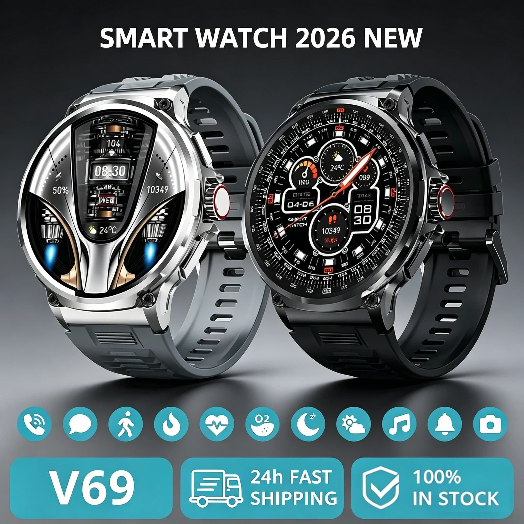 Nuovo Smartwatch V69 2026 con Chiamata Bluetooth, Display HD da 1,85 Pollici, Tracker Fitness Sportivo, Monitoraggio Cardiaco, Batteria da 710mAh per XIAOMI Android