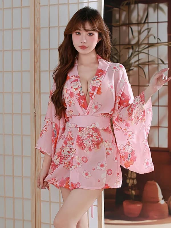Open printed sexy front sleeves nine-quarter pink uniform female perspective cava robe Japanese style fashionable dresses NI1C