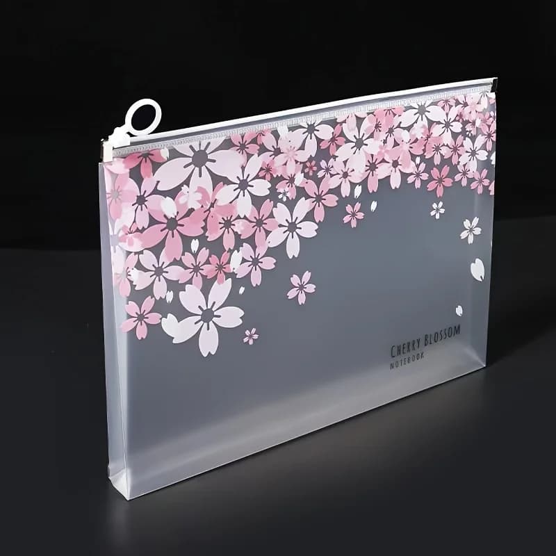 Random Pattern Transparent A4 Cherry Blossom Style File Folder Document Pouch, Student Test Paper Bag with Zipper, 4 Styles