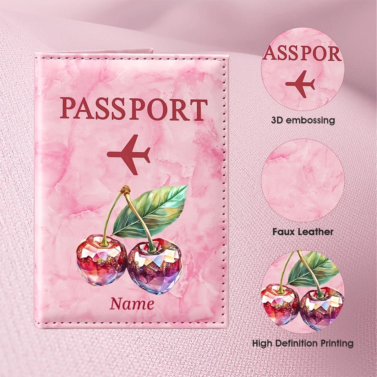 Custom Name Cherry Watercolor Illustration Style Passport Holder,Double Cherries And Green Leaves in Watercolor Hand-Drawn Style