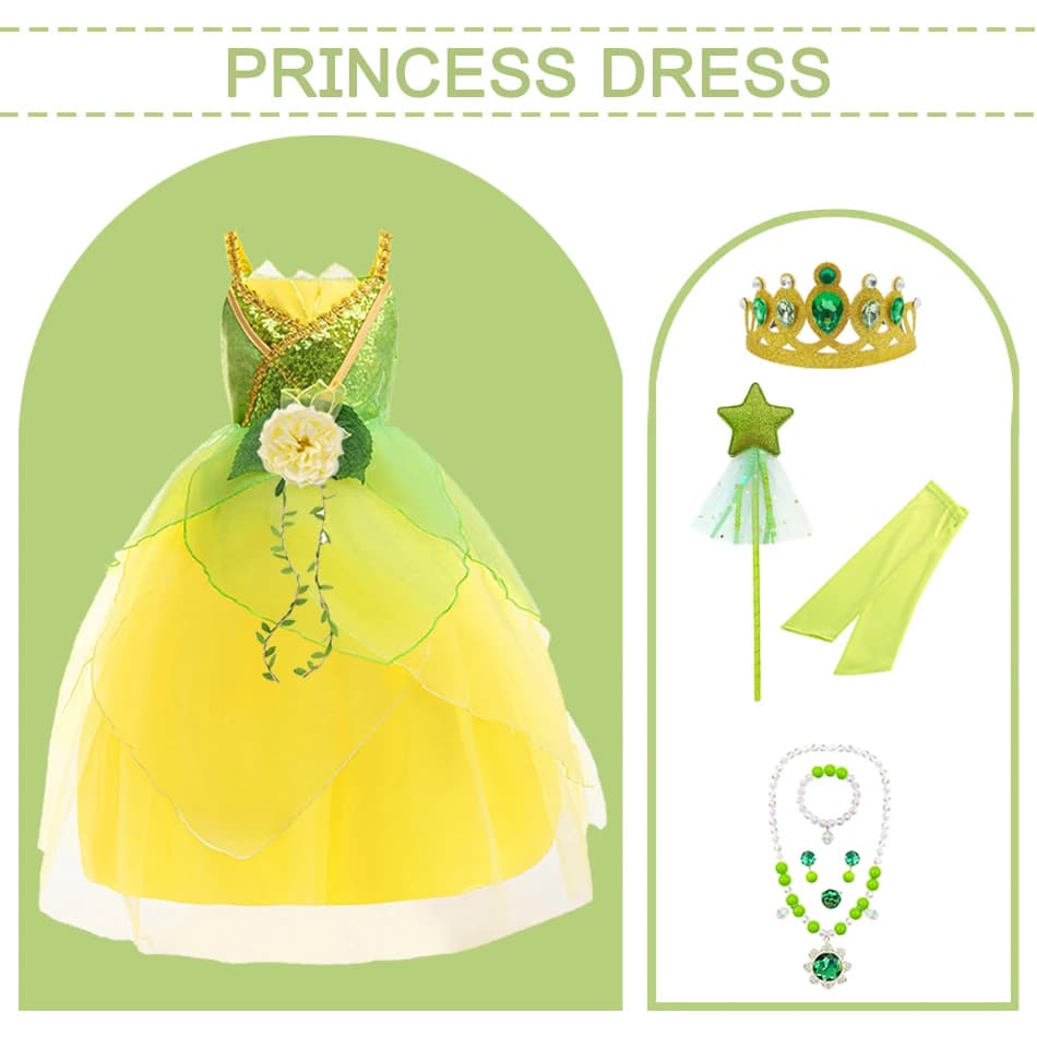 Abito da principessa di lusso Tiana Cosplay Abito da principessa in rete gonfia gialla Abito da principessa fornito con maniche Abiti cosplay di Halloween