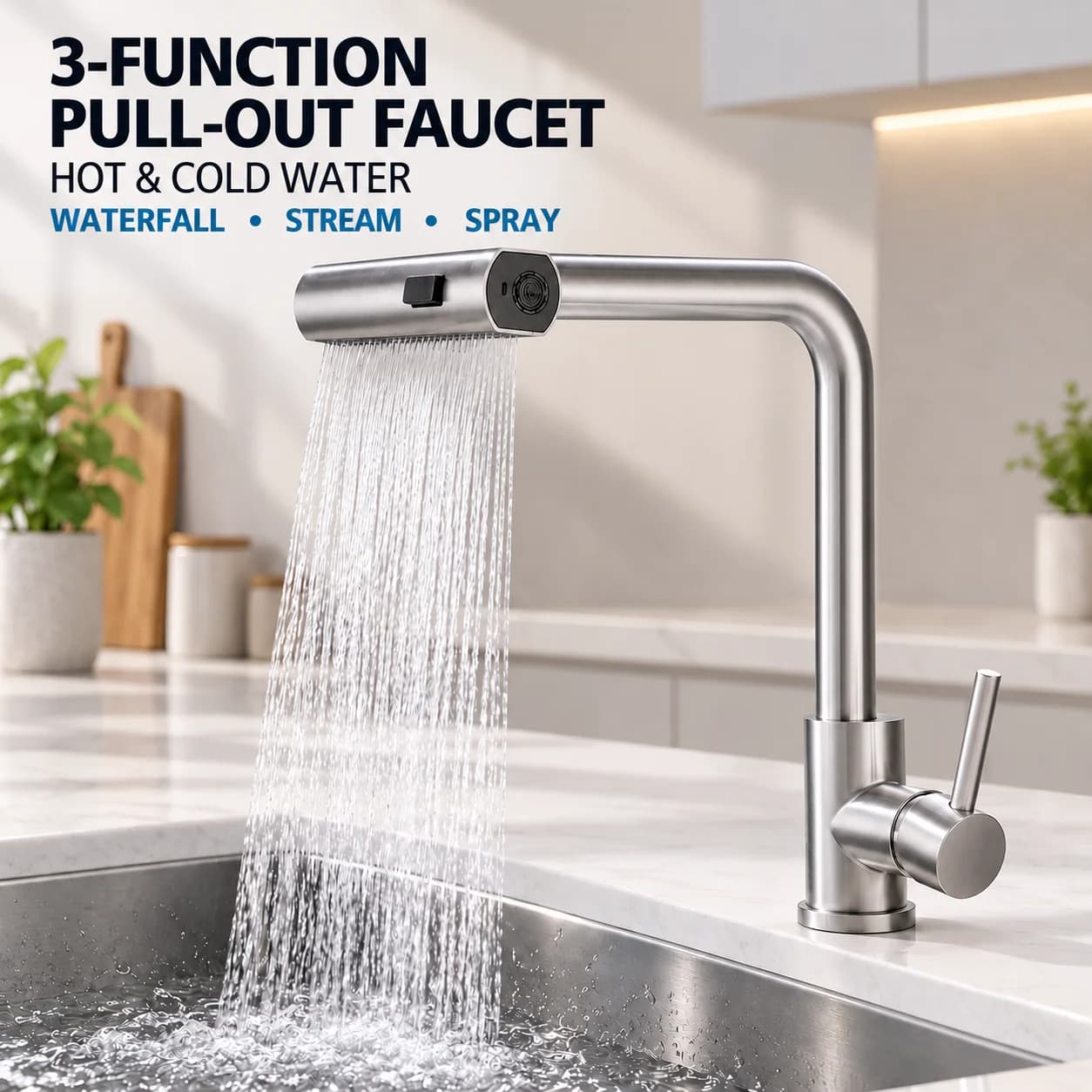 Pull Out Kitchen Faucet, 3-Mode Waterfall Stream Spray, Hot Cold Water Mixer Tap, Single Handle Brushed Sink Faucet, Deck Mount