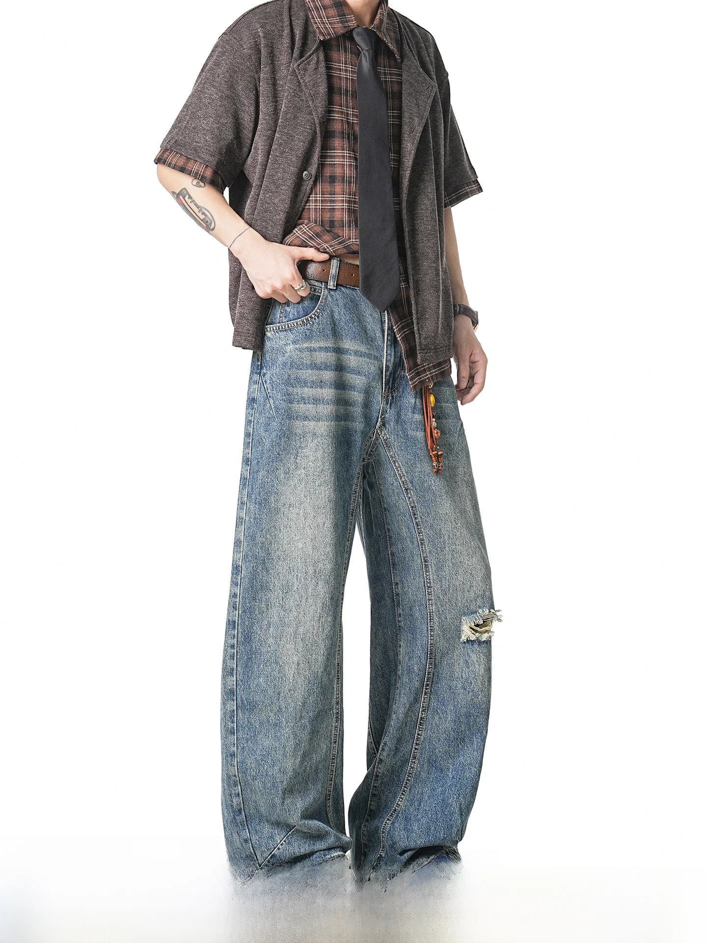 Jeans da Uomo Stile Americano Vintage Lavato, Gamba Dritta Larga, Comodi per l'Estate, in Misto Cotone Poliestere, Resistenti per il Pendolarismo