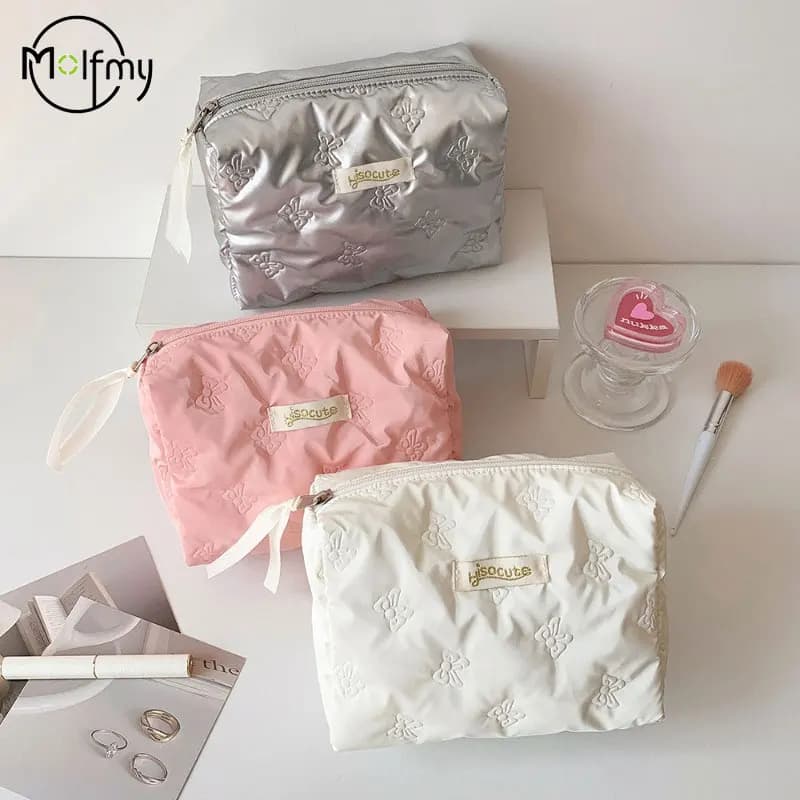 Borsa per cosmetici in PU Scomparto portaoggetti Decorazione con fiocco Borsa da toilette Borsa per trucco con cerniera multifunzione Portaoggetti per trucco 2025