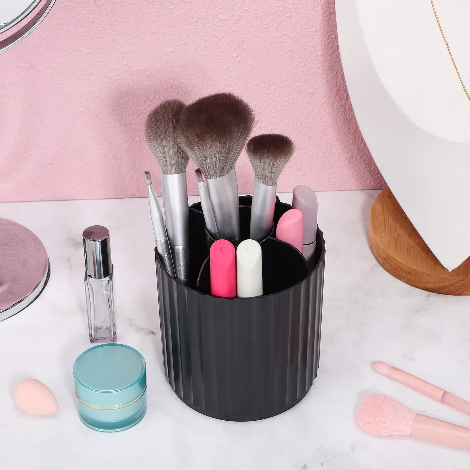 Organizzatore Girevole per Pennelli da Trucco, Contenitore Divisorio per Cosmetici con Coperchio Trasparente, Porta Penne da Scrivania, Organizzatore per Spazzole per Capelli