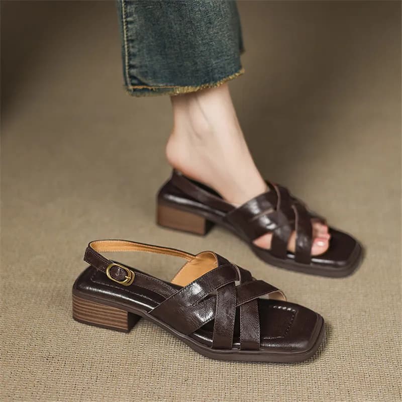 New Summer Sandals Split Leather Women Shoes Square Toe Sandals for Women Fashion Chunky Heel Sandals High Heels Gladiator Shoes