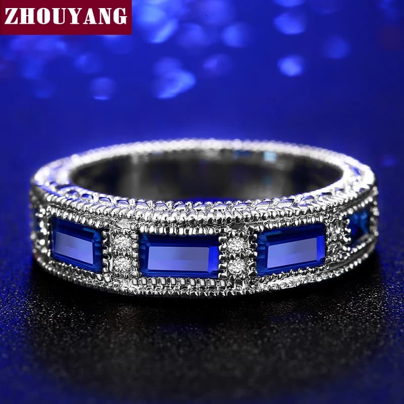 Blue Gem Created Blue Crystal Silver Color Wedding Cubic Zirconia Finger Ring Crystal Brand Jewelry for Women R467