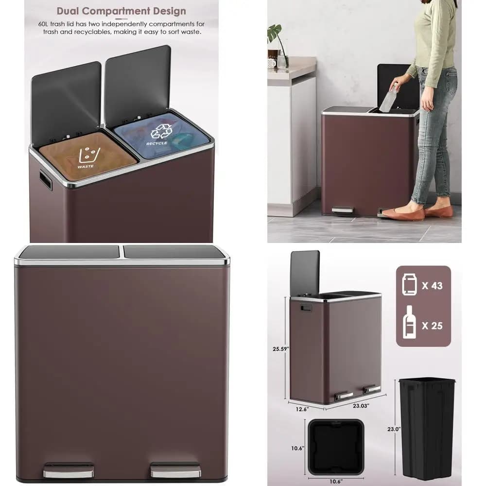 Cestino per Rifiuti da Cucina in Acciaio Inox da 60L con Scomparti Separati, Secchi Interni in Plastica, Coperchio a Chiusura Morbida, Ermetico, Marrone