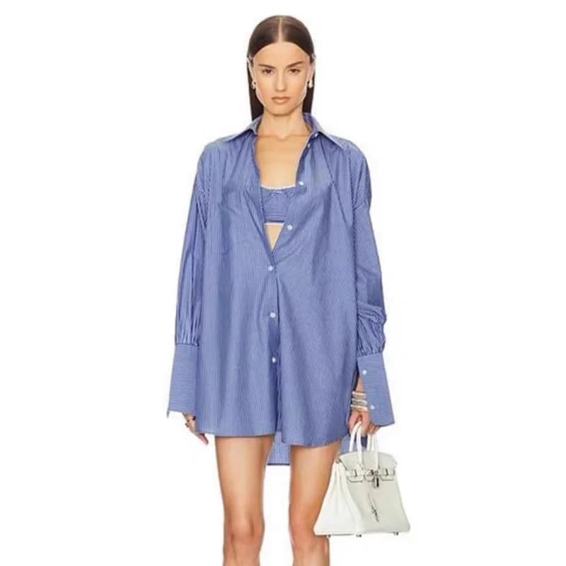 Helsa Striped Set Women's Lazy Casual Shirt Strap Shorts Outfit Polyester Long Sleeve Hooded Zipper Closure Spring Collection