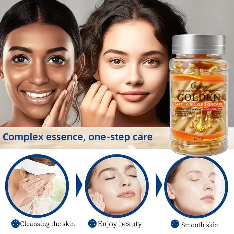 80 capsule di siero antirughe per il viso, ricche di vitamina C, vitamina E, squalano e altri ingredienti, idratano e nutrono la pelle, rendendola liscia e delicata, confezionate in forma di capsule, igieniche e portatili.