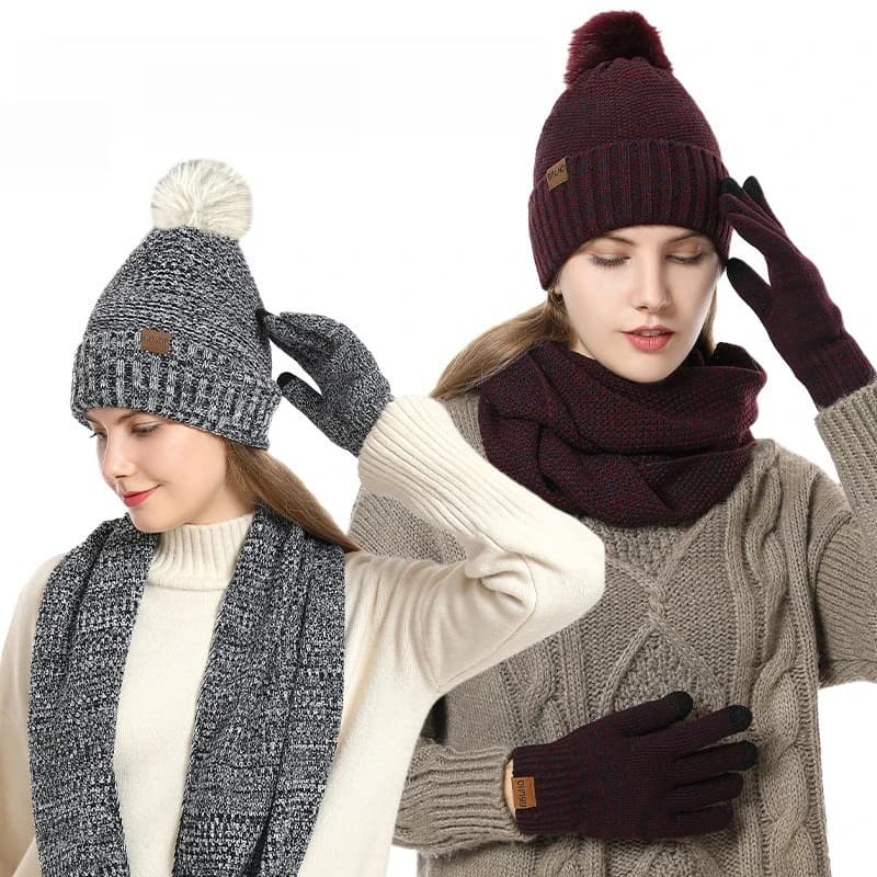Women Winter 3Pcs Fleece Lined Knit Set Pom Pom Beanie Infinity Scarf Touch Screen Gloves Thick Warm AB Yarn Cold Weather Outfit