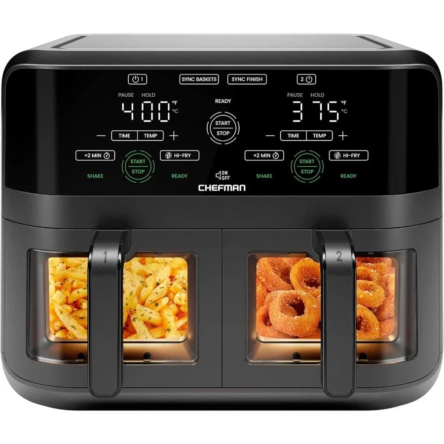Forno friggitrice ad aria a doppio cestello da 6 litri con finitura di sincronizzazione Windows Easy View Spegnimento automatico Hi-Fry 2 Lavastoviglie antiaderente indipendente da 3 Qt