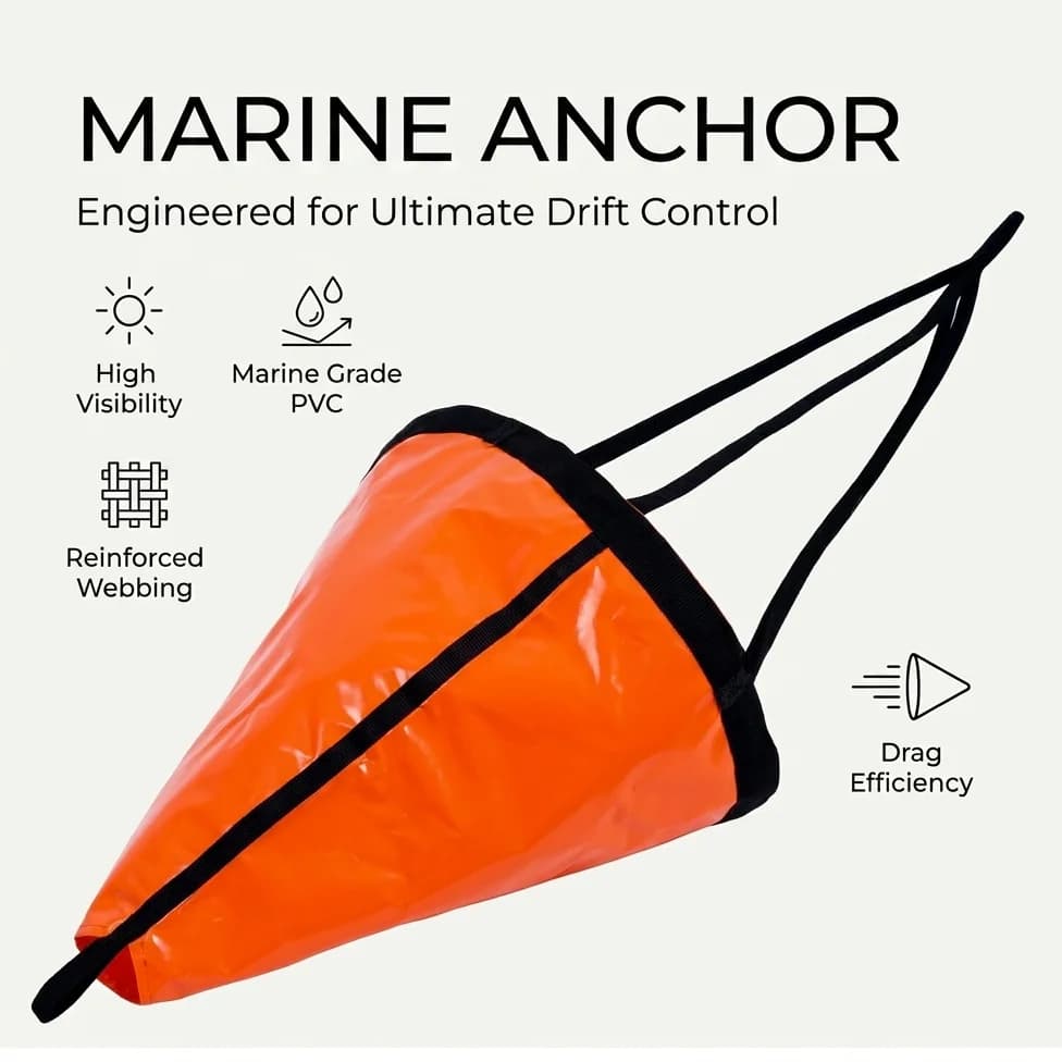 Professional Marine Anchor Sea Drogue Drift Control Orange Heavy Duty Reinforced Webbing Boat Yacht Kayak Brake Cone