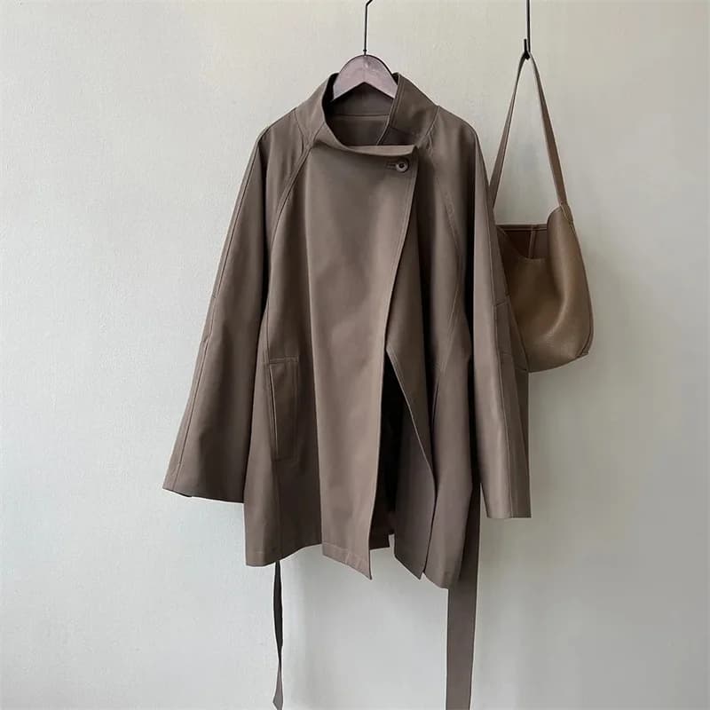 2025 Donna Autunno Trench kaki Colletto alla coreana Cappotto stile allentato da donna con cintura Casaco Feminino Nuovo Trench Femme