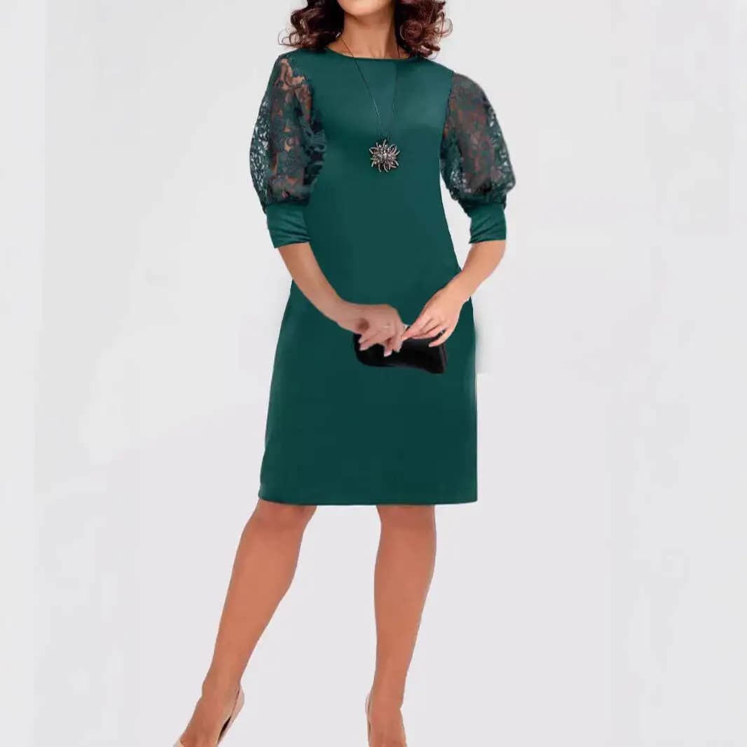 Slim Fit Lace Sleeve Dress round Neck 5/8 Length Dress Elegant Style Bubble Sleeve Three-acetate Fiber Straight Tube Dress
