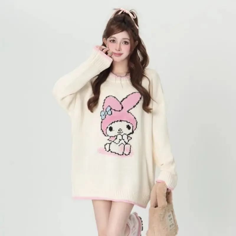 Sweet My Melody Jacquard Oversized Long Knit Pullover, Ladies Crew Neck Pink Trim Soft Sweater Kawaii Fall Winter Daily Wear Top