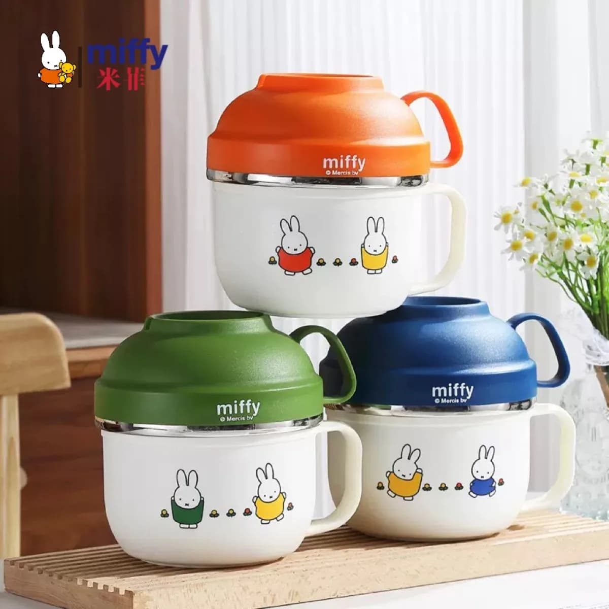 Kawaii Cartoon Miffy Round 304 Stainless Steel Food Container with Cover Portable Instant Noodle Bowl for School Office Use Cute
