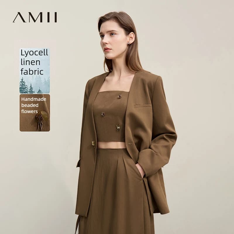 Amii Women's Jacket 2026 Spring New Bead Sheet Flower V-Neck Women's Blazer Straight Elegant Shoulder Pad Blazers Top 12621026