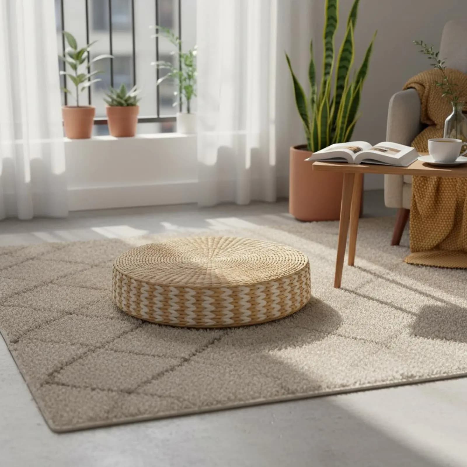 Cuscino da Meditazione Intrecciato Multifunzione, Cuscino Rotondo in Paglia Intrecciata, Pouf Rotondo Traspirante
