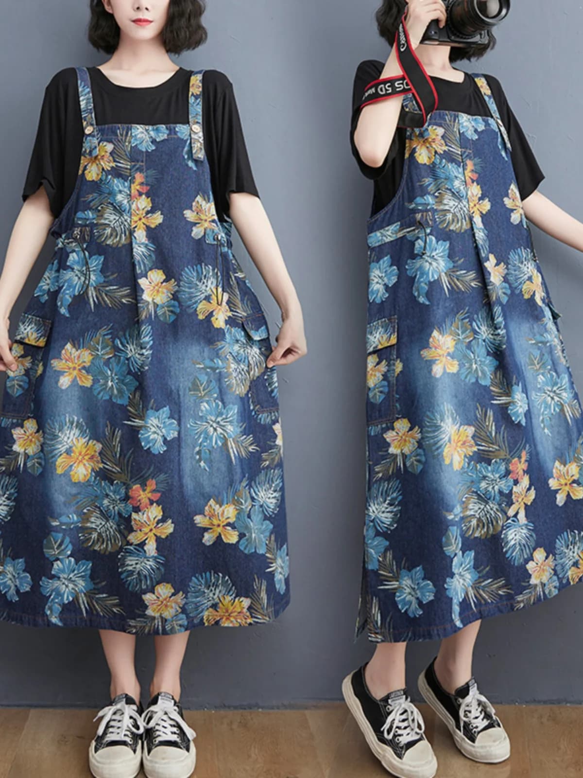Abito estivo da donna in denim con stampa floreale, alla moda e giovanile, taglie forti, senza maniche, lunghezza media, che nasconde le imperfezioni