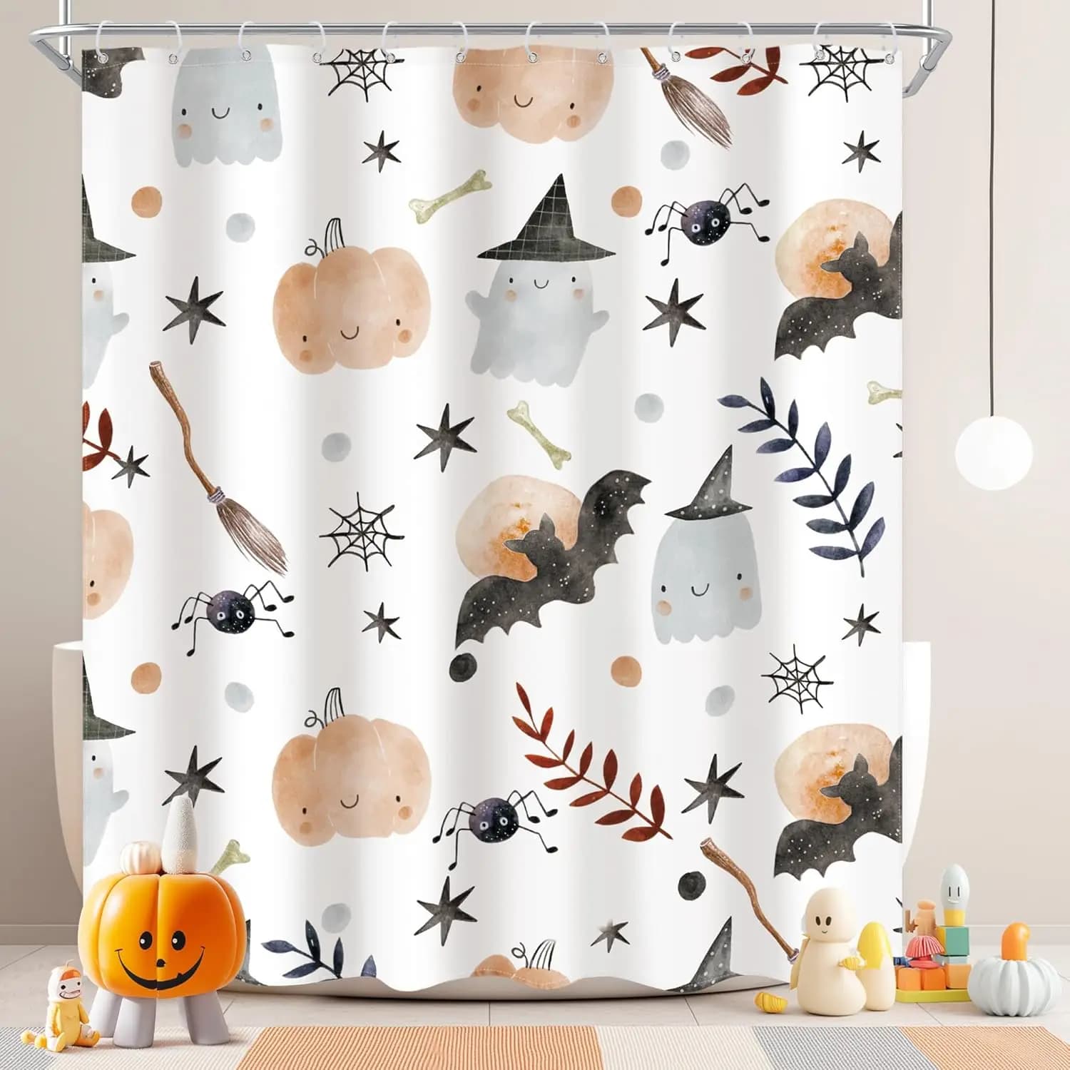 Cute Halloween Shower Curtain with Pumpkin Ghost Bat Spider for Kids Bathroom Decor