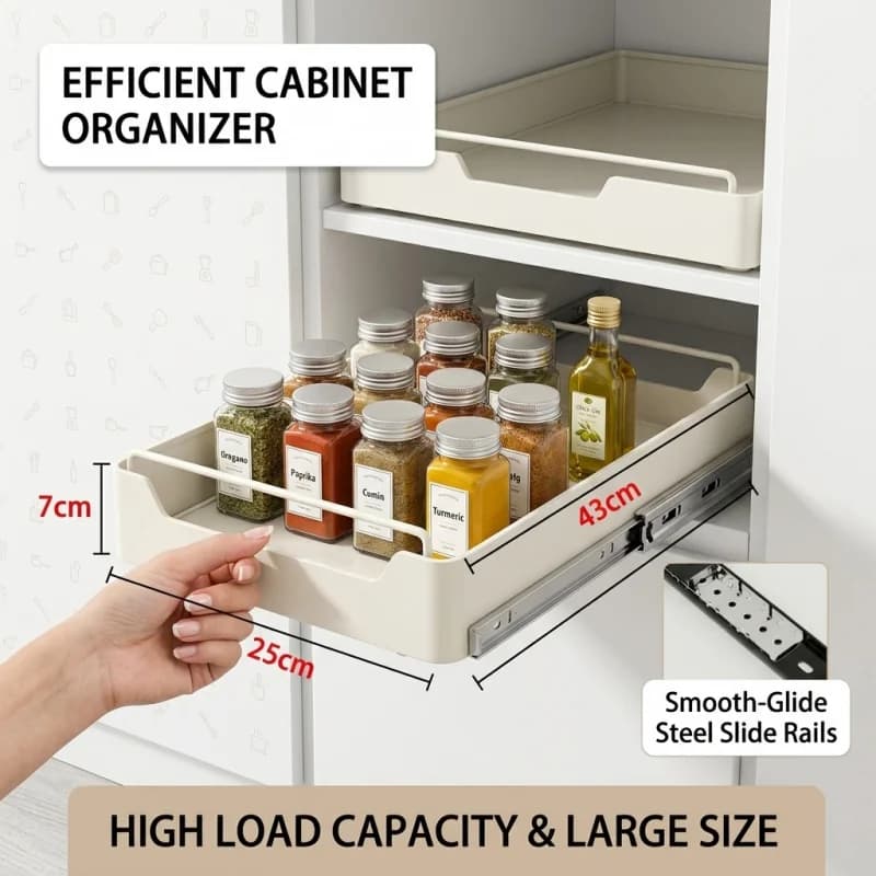 Organizzatore Estraibile per Cucina con Guide Scorrevoli, Vassoio Portaoggetti Tipo Cassetto, Contenitore per Spezie, Salvaspazio per Armadietti e Ripiani