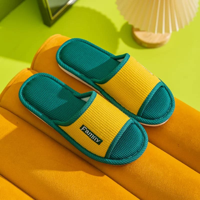 Waffle Linen Slippers Women Men Sweat Absorbent Open Toe Home Shoes Breathable Non-Slip Soft Sole Indoor House Bedroom Mules