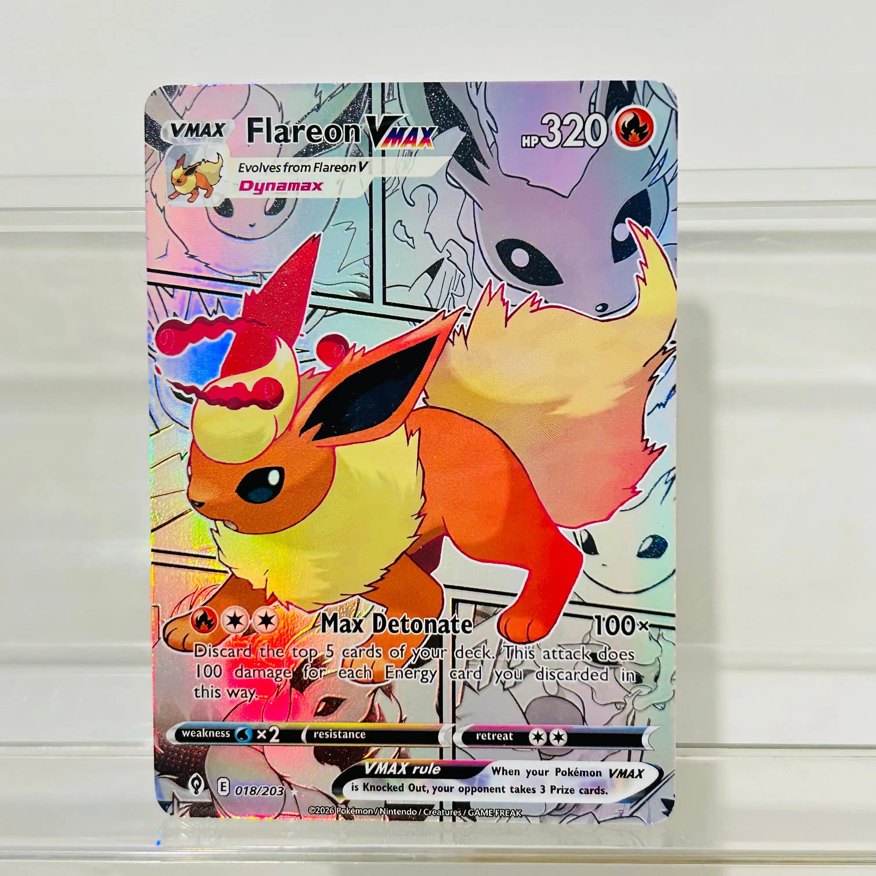 English Version Flareon Vmax 018/203 DIY Holographic Foil Texture Card, Perfect Condition Premium Anime Collection Card